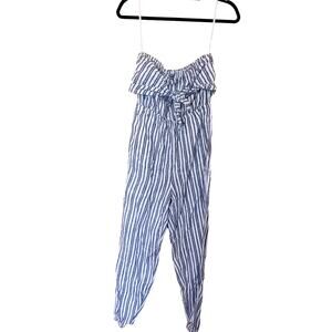 Aerie Small Size S Blue White Pinstripe Jumpsuit Sleeveless Pockets Bow
